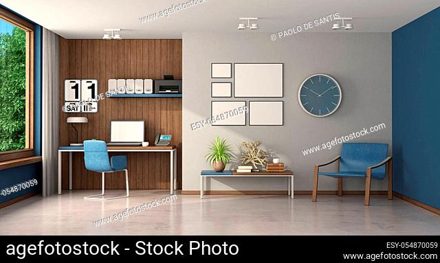 Home office with desk on wooden paneling, armchair and coffee table - 3d rendering