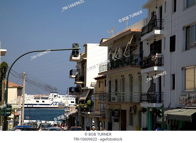Ferry in Harbour & Street Scene Vathy Samos Greece