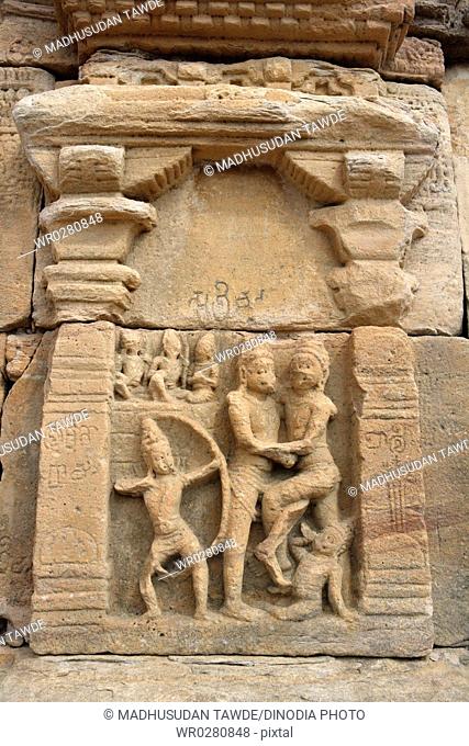 Sculpture at Papanatha Temple , Ramayana , Vali , Sugriva , Rama , Pattadakal , UNESCO World Heritage Site , built in 800 A.D