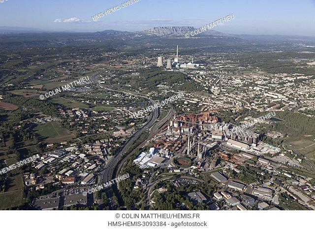 France, Bouches du Rhone, Gardanne, factory Alteo production of alumina calcined from bauxite, ocher color, imported from Guinea (aerial view)