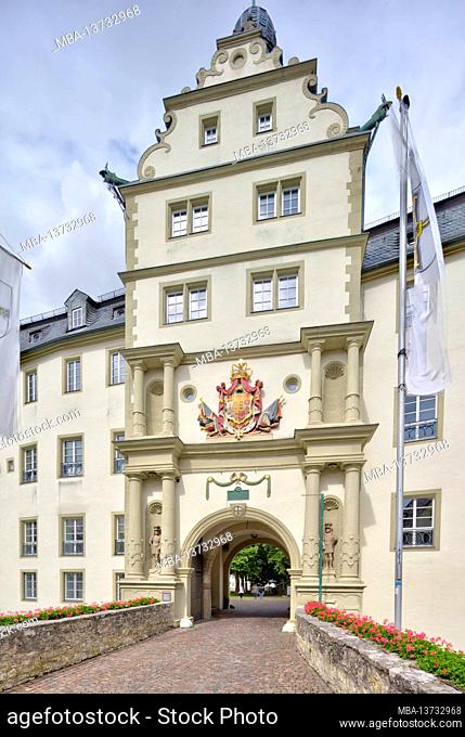 Mergentheim Castle, former Teutonic Order Castle, portal, coat of arms, Romantische Strasse, Bad Mergentheim, Baden-Wuerttemberg, Germany, Europe