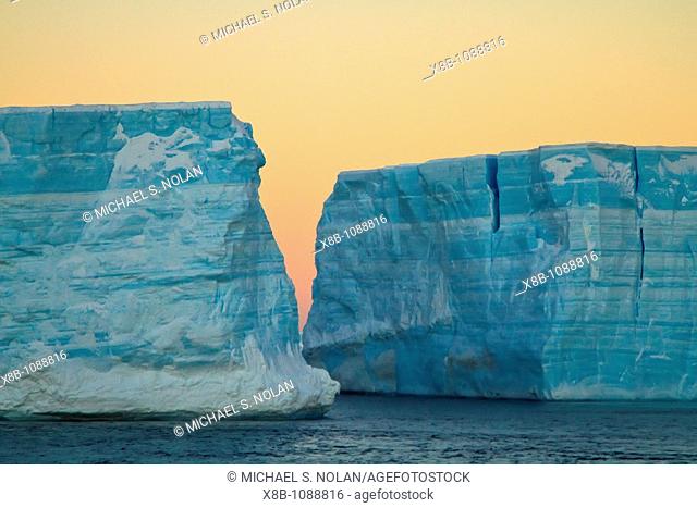 Huge tabular icebergs and smaller ice floes in the Weddell Sea, on the eastern side of the Antarctic Peninsula  MORE INFO The Weddell Sea is often blocked to...