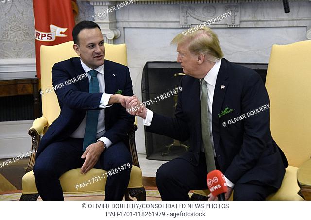United States President Donald J. Trump (R) shakes hands with Taoiseach of Ireland Leo Varadkar (L) during a meeting in the Oval Office of the White House in...