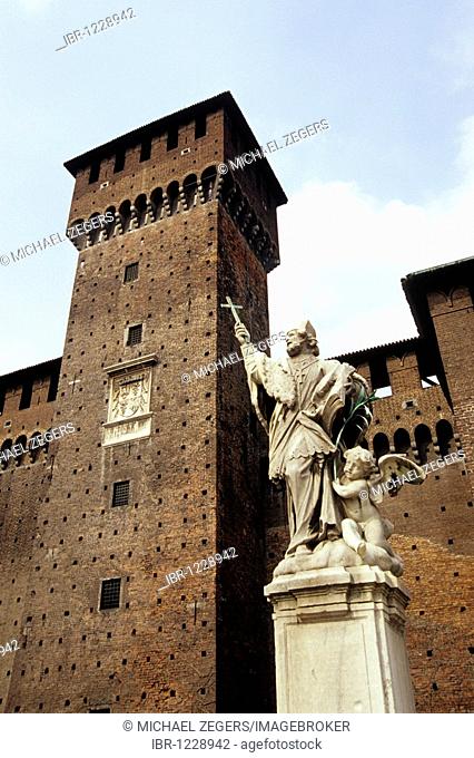 Tower, Torre di Bona di Savoia, statue in the courtyard piazza d'Armi, fortress Castello Sforzesco, Milan, Milano, Lombardy, Italy, Europe