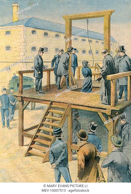 Death by hanging. After spending two years in a Vermont prison, Mrs Mary Mabel Rogers (1883-1905) is hanged for killing her husband, Marcus Rogers