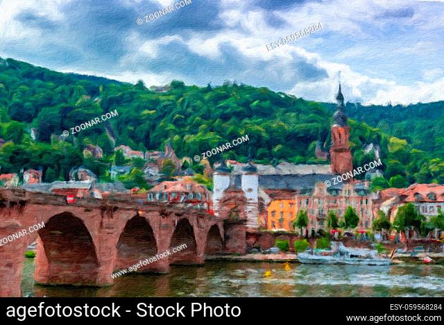 A digital oil painting of the historic old town of Heidelberg