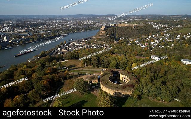 30 April 2020, Rhineland-Palatinate, Koblenz: Fort Asterstein, a part of the large fortress of Koblenz, lies high above the Rhine with a direct line of sight to...