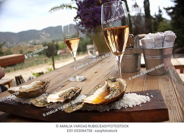 Ostras cocinadas de forma gourmet cobre sal en tabla de madera para maridaje con vino rosado espumoso en Baja California México