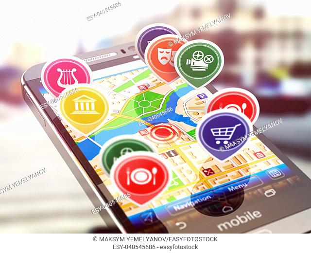 Mobile GPS navigation concept. Smartphone and application with restaurants, cinema, markets. 3d illustration