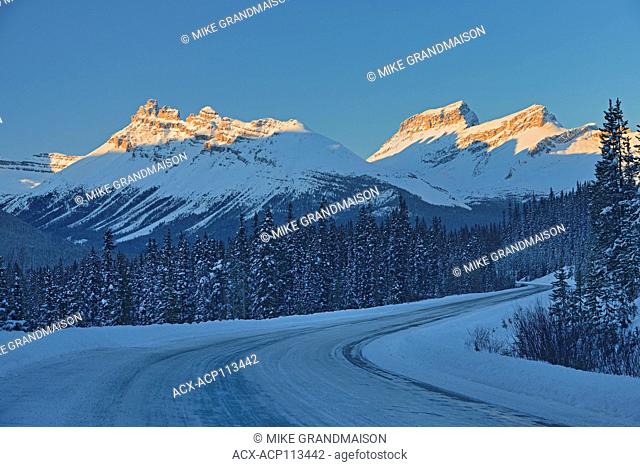 The Icefields Parkway in the Canadian Rocky Mountains in evening light, Banff National Park, Alberta, Canada