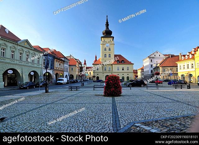 Czech town of Zatec (on the photo of October 1st, 2020, Liberty Square in Zatec), landscape of Zatec hops are part of World Cultural and Natural Heritage