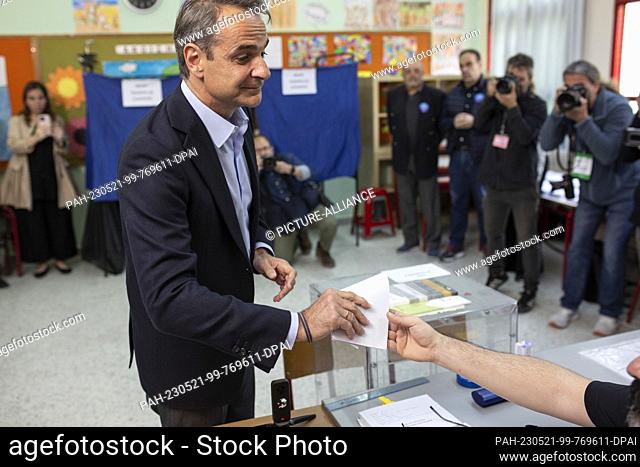 21 May 2023, Greece, Athen: Kyriakos Mitsotakis, Greek prime minister and leader of the conservative Nea Dimokratia (ND) party
