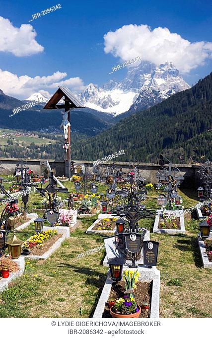 Cemetery in Colle Santa Lucia and Monte Pelmo peak, Dolomites, Italy, Europe
