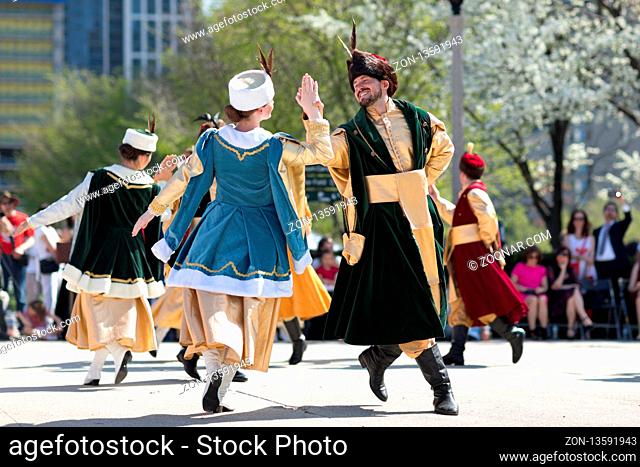 Chicago, Illinois, USA - May 05, 2018 Members of Polonia, polish folk song and dance ensemble, wearing traditional clothing