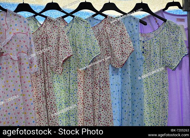 Nightdresses on hangers at market, Villaricos, Andalucia, Spain, Europe