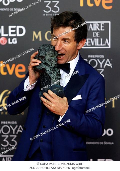 February 3, 2019 - Sevilla, Andalusia, Spain - Antonio de la Torre holds the best actor award for the film 'El reino' at the 33rd Goya awards ceremony in...