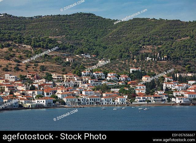Spetsai, Greece - October 18, 2017: Magnificent historic town in island of Spetses with traditional character and neoclassic houses in Saronic gulf, Greece