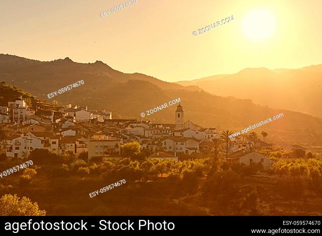 View to the Valencian town of Benimantell during sunset, comarca of Marina Baixa, province of Alicante, Spain