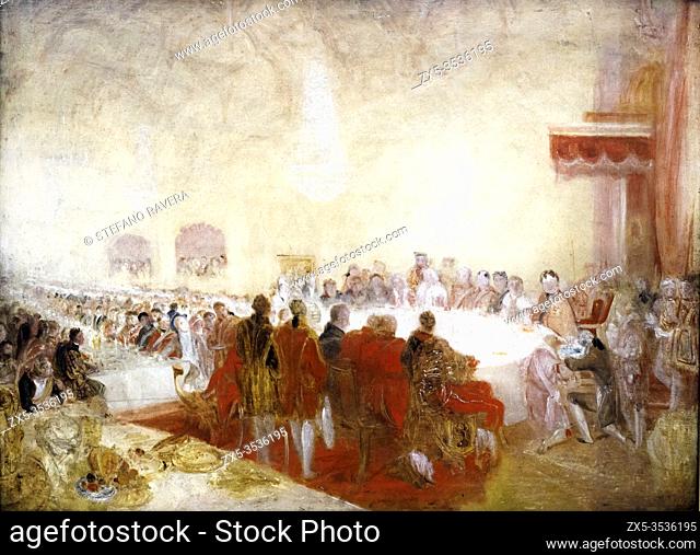 JMW Turner 1775-1851. George IV at at the Provost's Banquet in the Parliament House, Edinburgh c. 1822. Oil paint on Mahogany