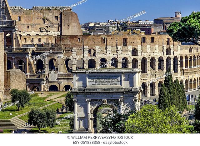Ancient Forum Titus Arch Roman Colosseum Rome Italy Colosseum built in 72 AD. Titus Arch built 81AD
