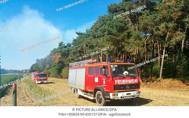 04 August 2018, Germany, Straelen: Around 120 firefighters from Germany and the Netherlands are fighting a forest fire in Straelen