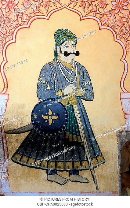 India: A mural showing a Rajput warrior on a wall in Jaipur, Rajasthan