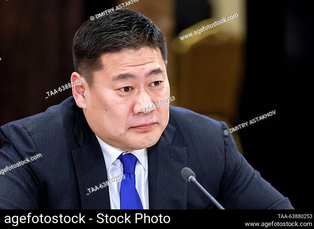 KYRGYZSTAN, BISHKEK - OCTOBER 25, 2023: Mongolia's Prime Minister Oyun-Erdene Luvsannamsrai looks on durng a meeting with his Russian counterpart Mikhail...