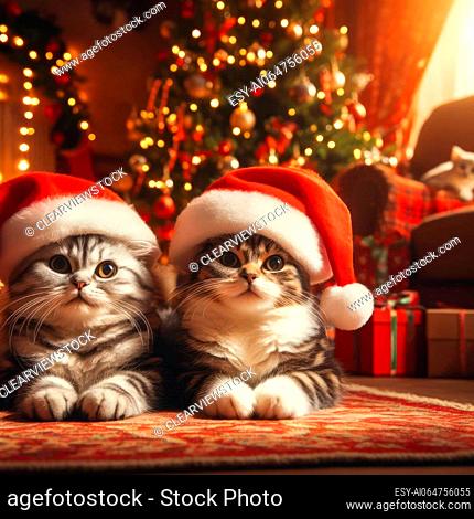 two cute kittens wearing santa hat in the gifts and presents at christmas generative ai