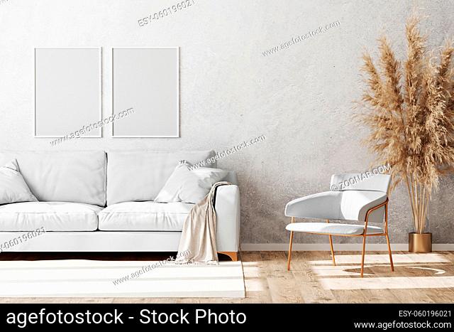 Blank white vertical frames mock up in Light coloured minimalistic living room interior with white and gold sofa and armchair with decorative plaster wall and...