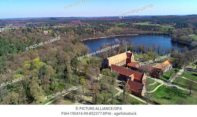 15 April 2019, Brandenburg, Chorin: Chorin Monastery (aerial view with a drone). The former Cistercian monastery in the district of Barnim in the north-east of...