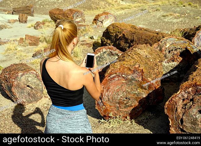 Female tourist admiring the view in and taking photos with her cell phone of Petrified Forest National Park (fossils and large deposits of petrified wood from...