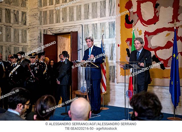 The Secretary of State John Kerry and Paolo Gentiloni during the joint press conference at the end of the ministerial meeting of the Global Coalition anti Daesh...