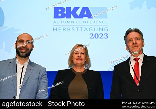 23 November 2023, Hesse, Wiesbaden: Ahmad Mansour (l-r), extremism researcher, author and psychologist, Nancy Faeser (SPD), Federal Minister of the Interior