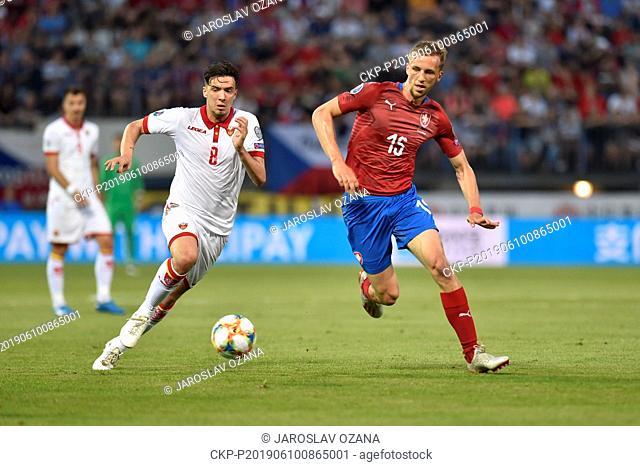 L-R Marko Bakic (MNE) and Tomas Soucek (CZE) in action during the Football Euro Championship 2020 group A qualifier Czech Republic vs Montenegro in Olomouc