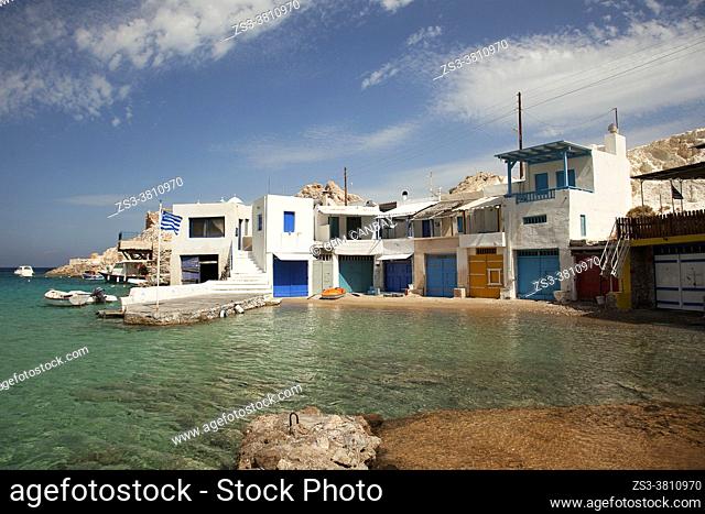 Fisherman houses with boat shelters in Fyropotamos or Firopotamos village Milos Island, Cyclades Islands, Greek Islands, Greece, Europe