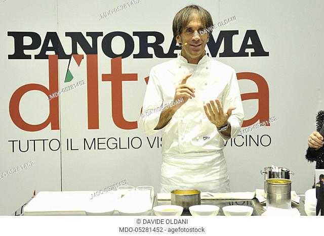 Showcooking and food experience of the chef Davide Oldani for the event Panorama d'Italia. Milan, Italy. 16th October 2016