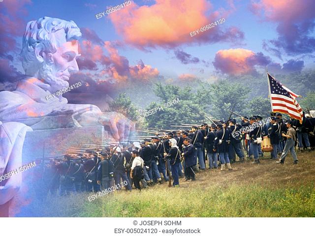 Composite image of Lincoln Memorial and Civil War soldiers in battle