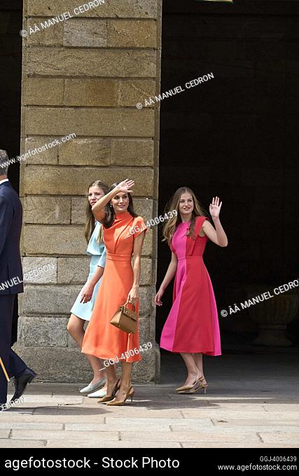 Queen Letizia of Spain, Crown Princess Leonor, Princess Sofia visit Santiago de Compostela during National Offering to the Apostle at Cathedral of Santiago de...