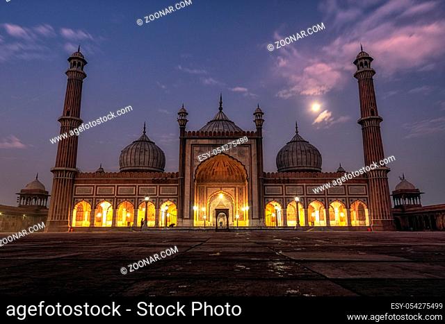 jama masjid mosque in new delhi taken during early morning when the moon is still up. New Delhi, India