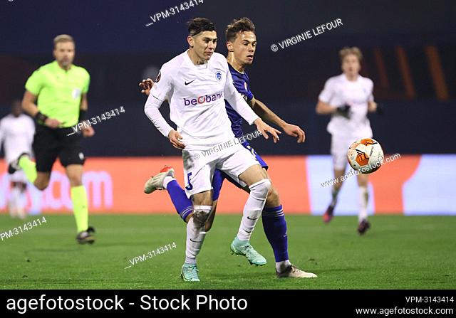 Genk's Gerardo Arteaga and Dinamo's Dario Spikic fight for the ball during a soccer game between Croatian Dynamo Zagreb and Belgian KRC Genk