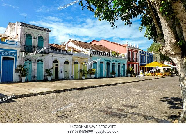 View of colorful old buildings in the historic town Canavieiras, Bahia, Brazil