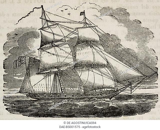 A brick, brig-type sailing ship, illustration from Teatro universale, Raccolta enciclopedica e scenografica, No 575, July 19, 1845