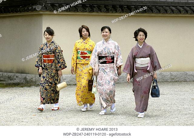 Women in kimonos at Saidaiji Temple in Nara Japan