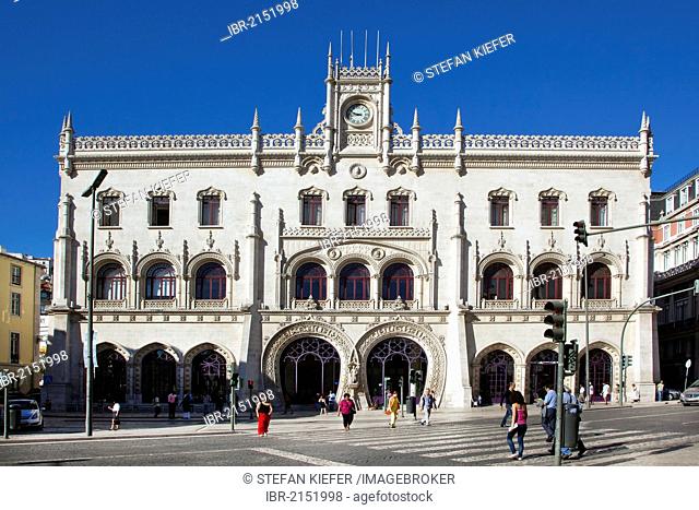 Rossio Railway Station, Estacao do Rossio, with horseshoe-shaped entrances, on Praca de Dom Pedro IV square, in the district of Rossio in Lisbon, Portugal