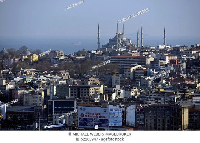 Panoramic view from the Galata Tower, Kuelesi to the Sultan Ahmed Mosque or Blue Mosque, Istanbul, Turkey, Europe, PublicGround