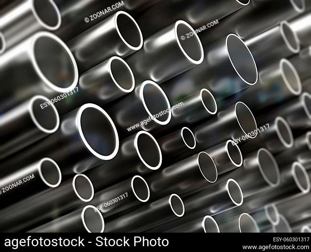 Large group of steel tubes. 3D illustration