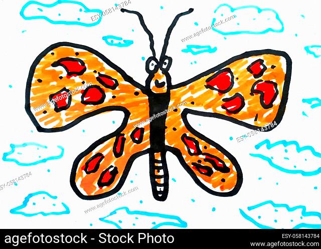 Cartoon kids style funny butterfly over clouds sky illustration