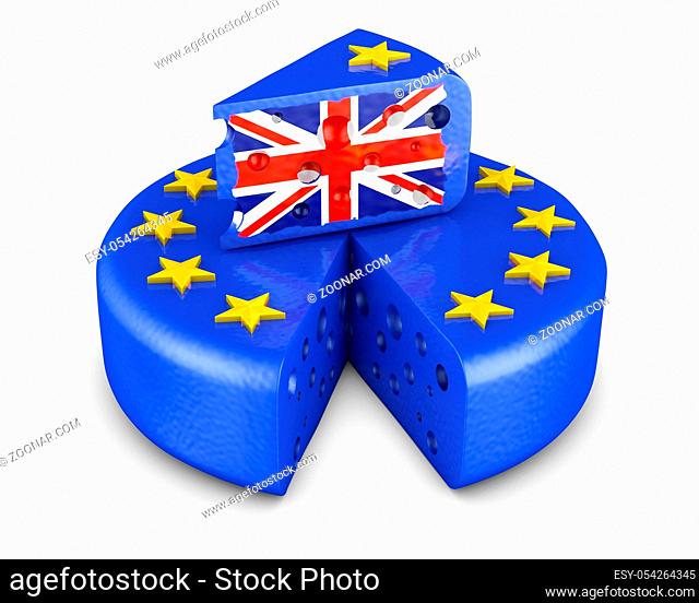 Head of cheese in the form of the EU flag and a piece with the flag of the UK. 3d render