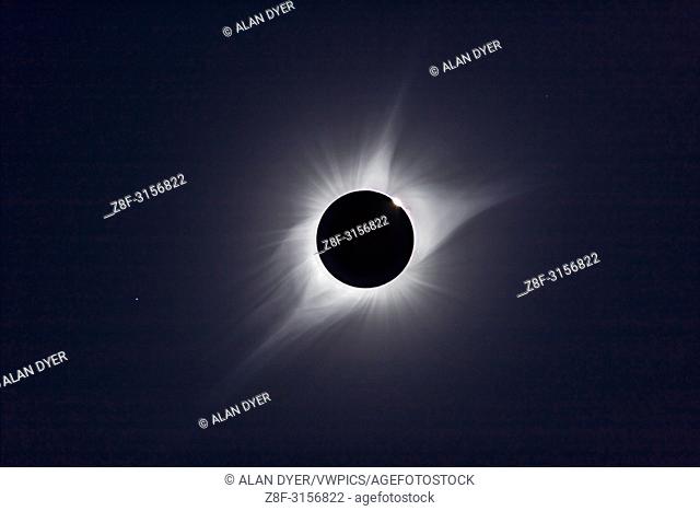 A composite of the August 21, 2017 total solar eclipse showing third contact â. “ the end of totality â. “Â with sunlight beginning to reappear and the array of...