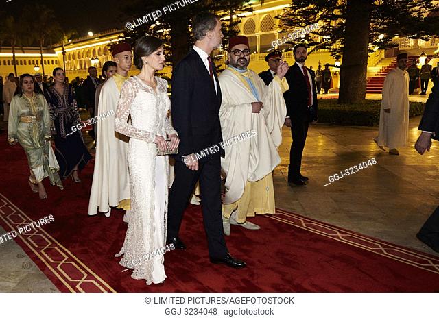 King Felipe VI of Spain, Queen Letizia of Spain, Mohammed VI of Morocco attends a Gala Dinner at Royal Palace on February 13, 2019 in Rabat, Morocco